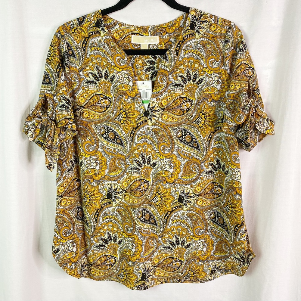 Michael Kors Marigold Paisley Short Sleeve Blouse Top Lg NEW NWT
